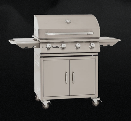 Bull Lonestar Select 4-burner stainless steel gas grill complete cart with side shelves, enclosed storage cabinet and caster wheels.