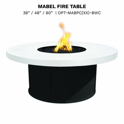 Mabel black and white fire table with active flames, contemporary outdoor fire feature for luxury patio entertaining and gatherings
