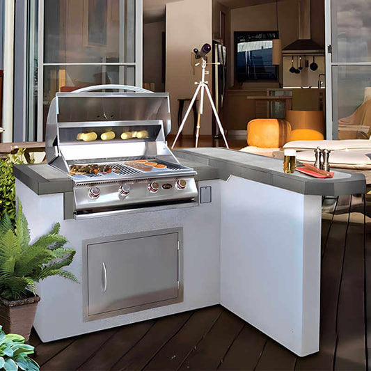 cal flame Mauai Q 401 R/L outdoor kitchen island front view with stainless steel grill