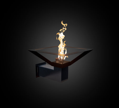 Maverick Wall Fire Torch mounted on patio wall with lit flame