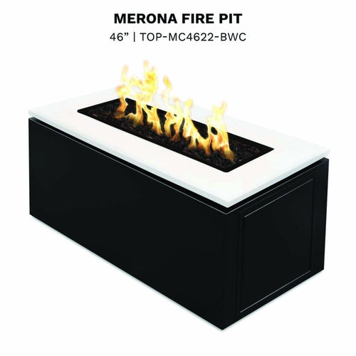 Merona 46-inch black and white fire pit table with rectangular flame opening and lava rock, modern outdoor fire feature for entertaining