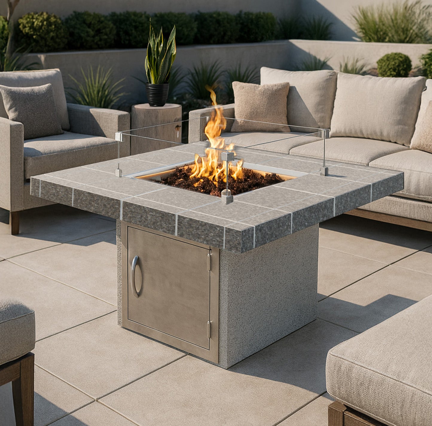 Cal Flame Mesa S201M square fire pit table with glass wind guard and outdoor patio seating