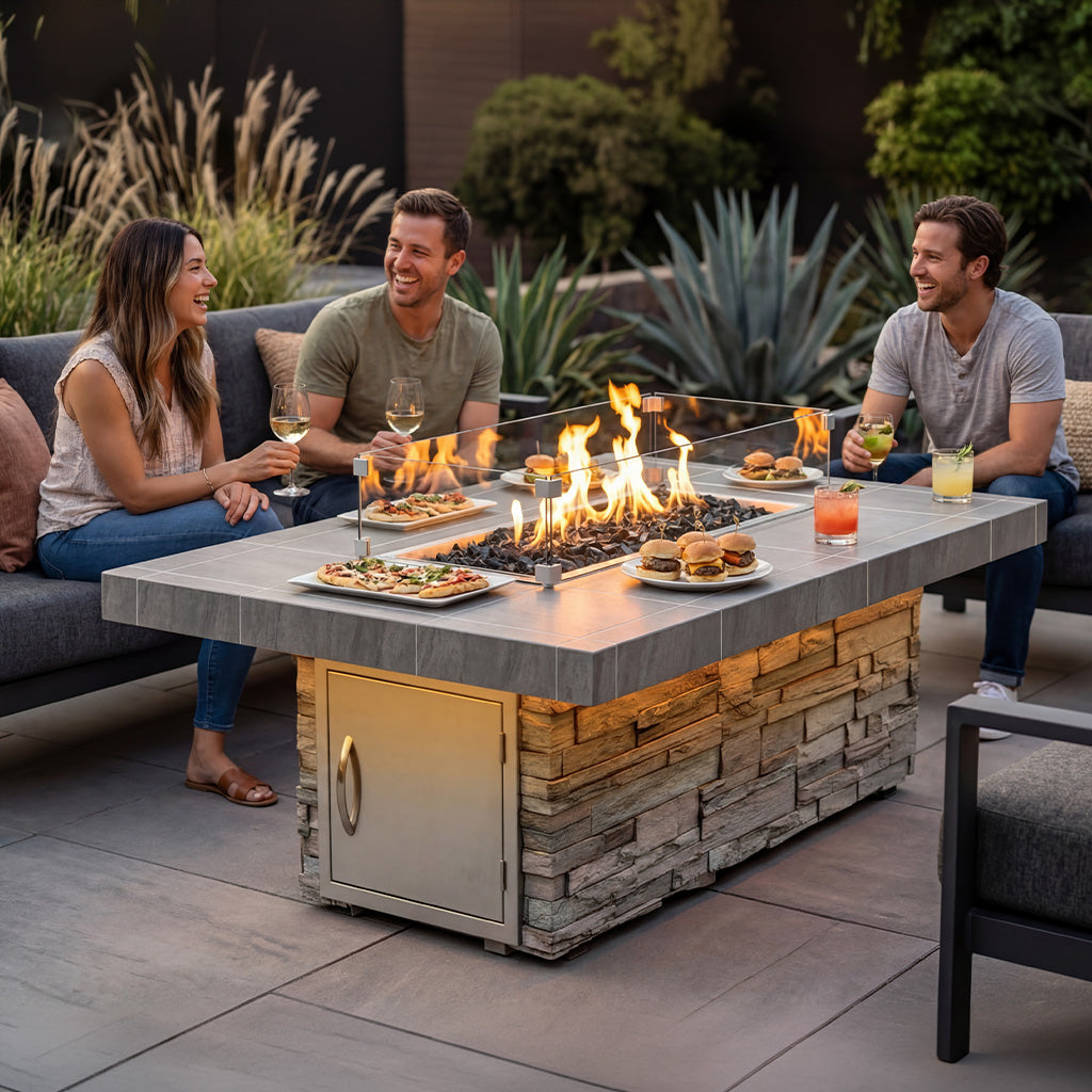 Luxury outdoor entertaining space featuring the Cal Flame Mojave RT601M rectangular gas fire pit table with cultured stone base, porcelain tile top, glass wind guard, black lava rock fire media, and modern patio seating with guests gathered around the flames at dusk.
