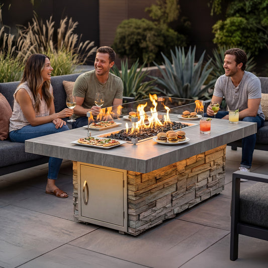 Luxury outdoor entertaining space featuring the Cal Flame Mojave RT601M rectangular gas fire pit table with cultured stone base, porcelain tile top, glass wind guard, black lava rock fire media, and modern patio seating with guests gathered around the flames at dusk.
