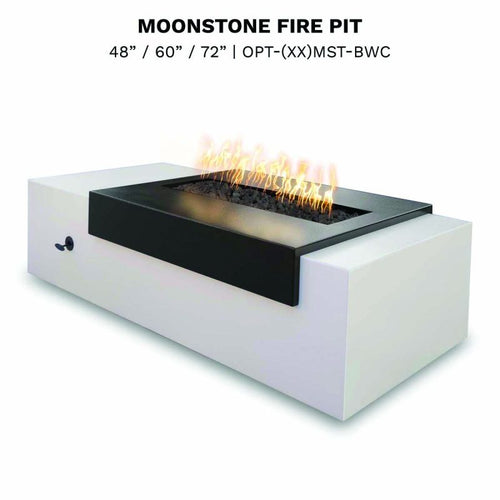 Moonstone black and white fire pit with active flames and lava rock bed, contemporary outdoor fire feature for luxury entertaining
