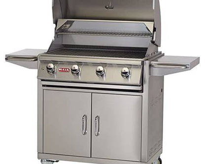 Bull Lonestar Select 4-burner stainless steel grill cart with hood open, showing cooking grates and warming rack.