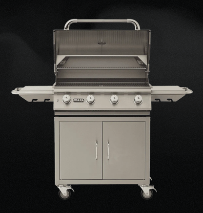 Bull Lonestar Select 4-burner complete cart with open hood, stainless steel cooking grates, warming rack and side shelves.