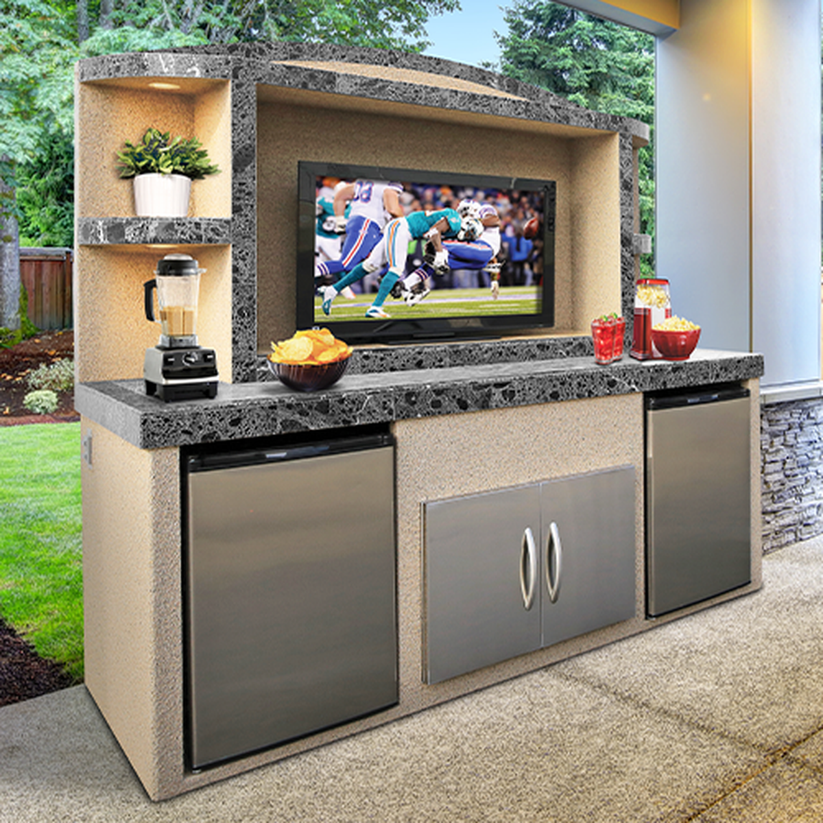 Cal Flame ODC-1 Paradise Outdoor Entertainment Center with dual built-in refrigerators and TV enclosure