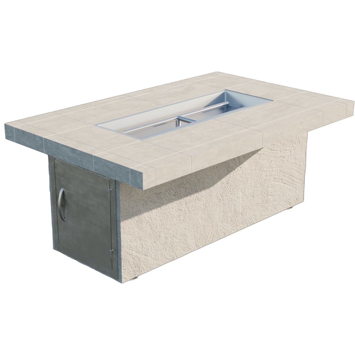 Luxury outdoor patio featuring the Cal Flame Phoenix RT501M rectangular gas fire pit table with porcelain tile top, glass wind guard, modern cushioned lounge seating, glowing evening flames, and upscale contemporary backyard ambiance at dusk.