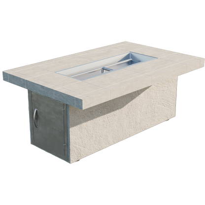 Luxury outdoor patio featuring the Cal Flame Phoenix RT501M rectangular gas fire pit table with porcelain tile top, glass wind guard, modern cushioned lounge seating, glowing evening flames, and upscale contemporary backyard ambiance at dusk.