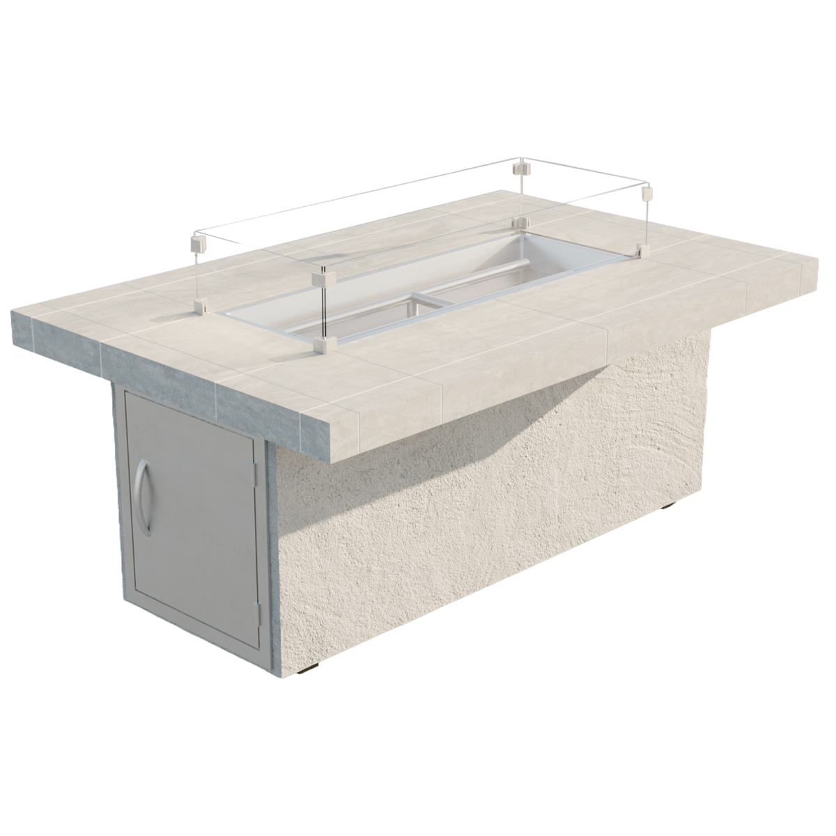 Luxury outdoor patio featuring the Cal Flame Phoenix RT501M rectangular gas fire pit table with porcelain tile top, glass wind guard, modern cushioned lounge seating, glowing evening flames, and upscale contemporary backyard ambiance at dusk.
