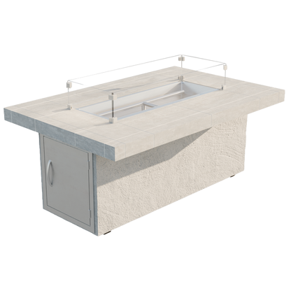 Luxury outdoor patio featuring the Cal Flame Phoenix RT501M rectangular gas fire pit table with porcelain tile top, glass wind guard, modern cushioned lounge seating, glowing evening flames, and upscale contemporary backyard ambiance at dusk.