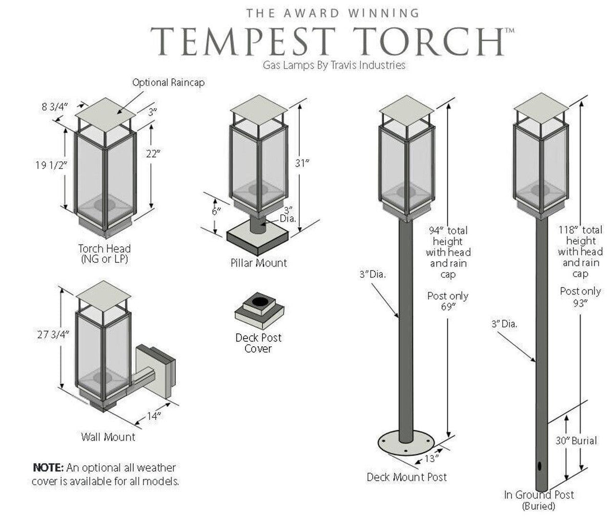 Tempest 20K Torch mounting options and dimensions for pillar, wall, deck post and ground post installations