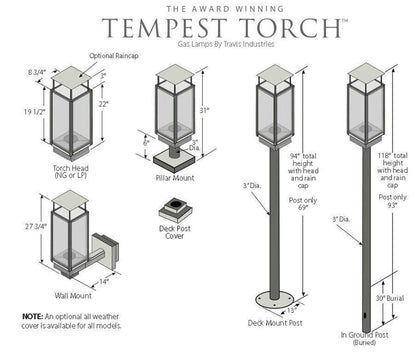 Tempest 20K Torch mounting options and dimensions for pillar, wall, deck post and ground post installations