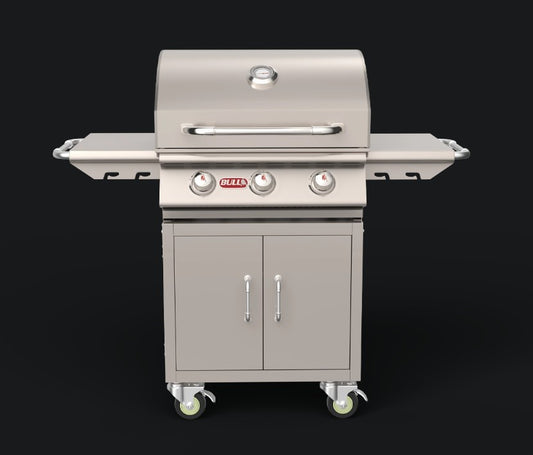 Bull Steer Premium Complete Cart Grill shown closed, highlighting its 304 stainless steel construction, dual-lined hood, side shelves, and freestanding cart design.