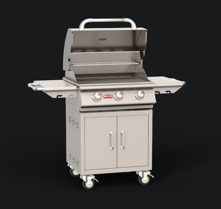 BULL Steer 24-inch 3-burner cart grill with hood open, showing stainless steel cooking grates and warming rack.