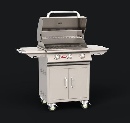 BULL Steer 24-inch 3-burner cart grill with hood open, showing stainless steel cooking grates and warming rack.