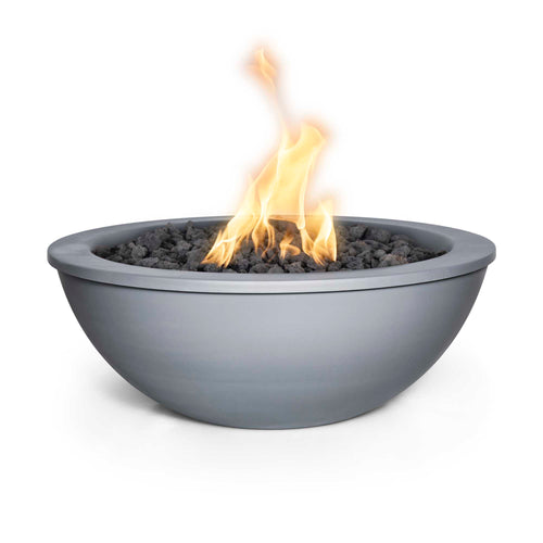 Sedona metal powder coat fire bowl in gray finish with active flames, modern outdoor fire feature for luxury patio and garden spaces
