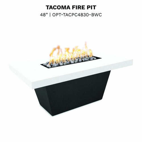 Tacoma black and white fire pit with active flames and lava rock bed, contemporary outdoor fire feature for luxury patio entertaining