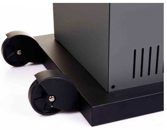 Close-up of Bromic Tungsten portable heater base with integrated wheels for smooth outdoor mobility and repositioning.