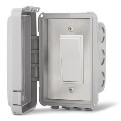 Infratech stainless steel Flush Mount wall switch with weatherproof outdoor cover, open position