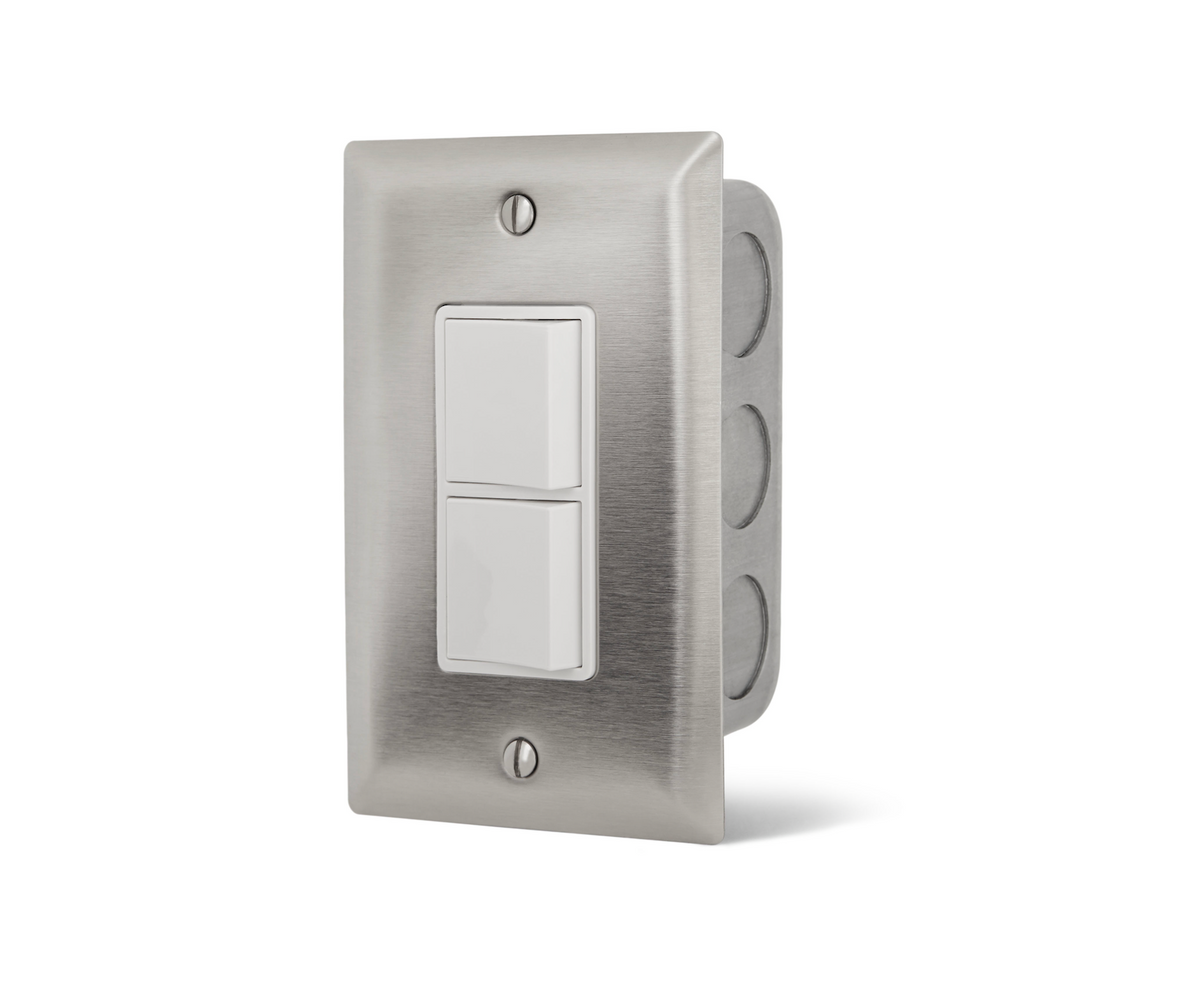 Infratech 14-4300 single stainless steel wall plate with stacked duplex switches and gang box