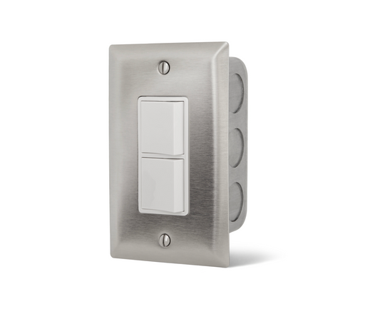 Infratech 14-4300 single stainless steel wall plate with stacked duplex switches and gang box