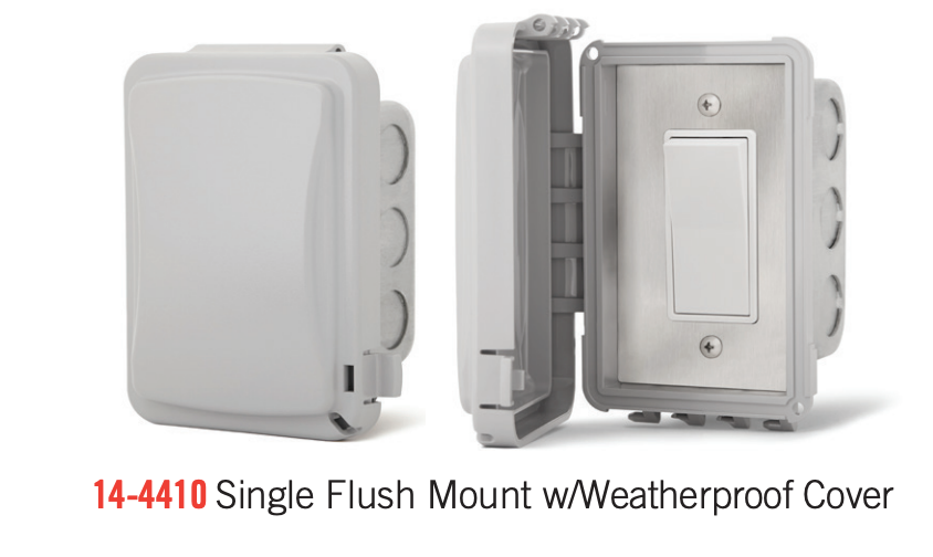 Infratech stainless steel Flush Mount wall switch with weatherproof outdoor cover closed and open position