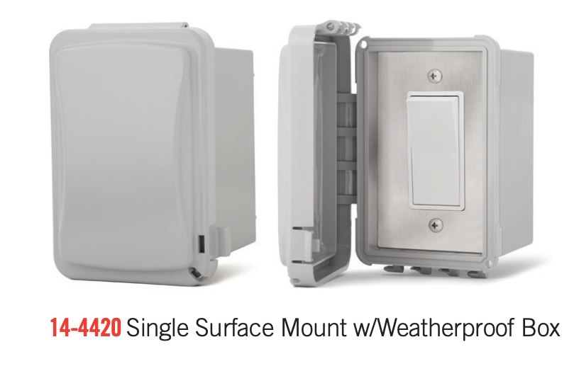 Infratech 14-4420 single surface mount switch with weatherproof box, closed and open views