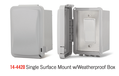 Infratech 14-4420 single surface mount switch with weatherproof box, closed and open views