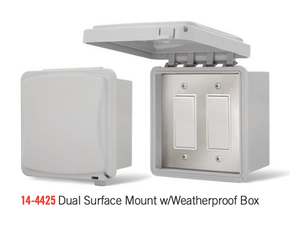 Infratech 14-4425 dual surface mount switch with weatherproof box, closed and open views
