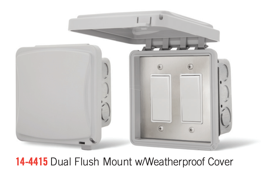 Infratech 14-4415 dual flush mount switch with weatherproof cover, closed and open views