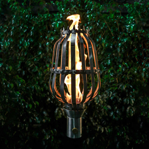 Urn Fire Torch with lit flame, classical urn-shaped 304 stainless steel design