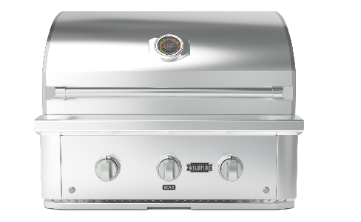 Wildfire Ranch Pro 30-inch built-in gas grill with 304 stainless steel construction, two cast stainless steel burners, and LED backlit control knobs