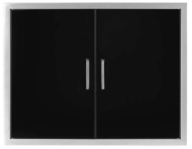 Wildfire black double access doors with stainless steel frame and vertical handles for built-in outdoor kitchen storage.