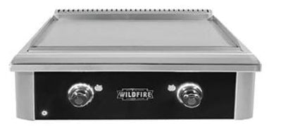 Wildfire Ranch PRO 30-inch built-in gas griddle with 304 stainless steel construction, black stainless steel fascia, and two control knobs