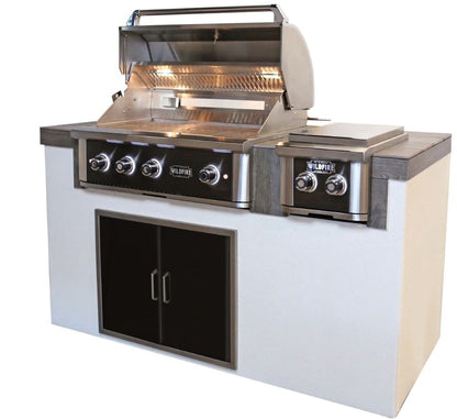 Wildfire Grill Island Display with 36-inch Ranch PRO built-in gas grill, double side burner, black access doors and porcelain tile countertop.