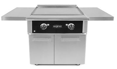 Wildfire Ranch PRO 30-inch built-in gas griddle mounted on an optional stainless steel cart with dual storage doors and side shelves