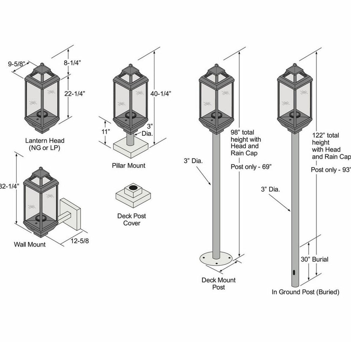 Tempest 20K outdoor gas lantern mounting options and dimensions showing pillar, wall, deck post and ground post installations
