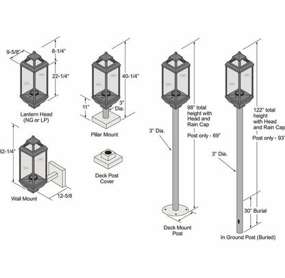 Tempest 20K outdoor gas lantern mounting options and dimensions showing pillar, wall, deck post and ground post installations