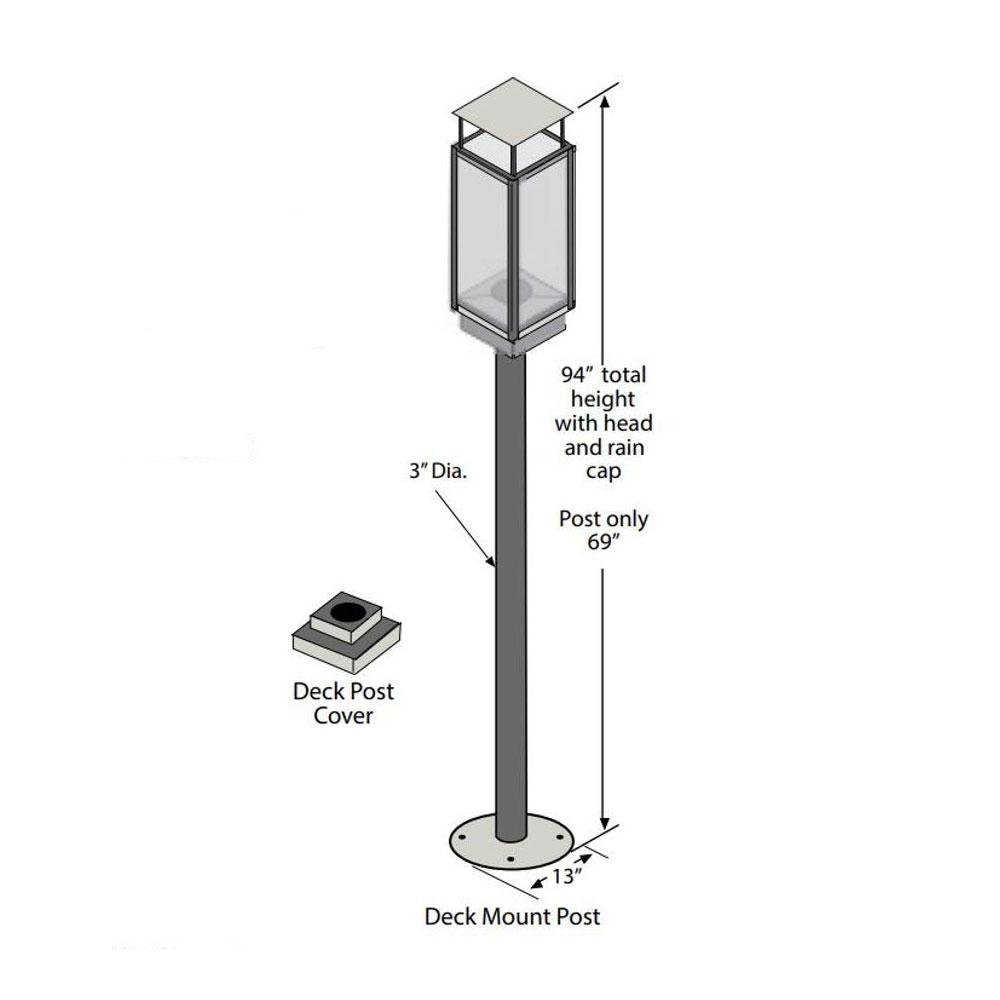 Technical dimension diagram of a deck post light fixture, showing a tall gray post with a rectangular glass lantern, a small deck post cover inset, and measurement labels for total height, post height, and base diameter.