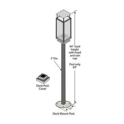 Technical dimension diagram of a deck post light fixture, showing a tall gray post with a rectangular glass lantern, a small deck post cover inset, and measurement labels for total height, post height, and base diameter.