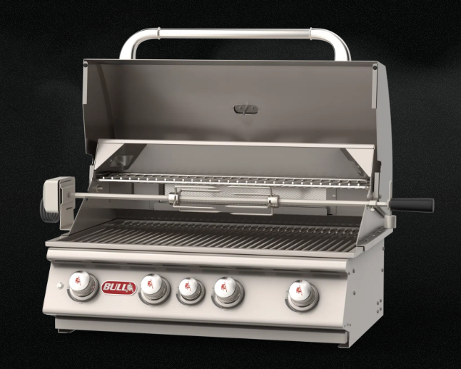 Stainless steel grill with brand logo on a black background