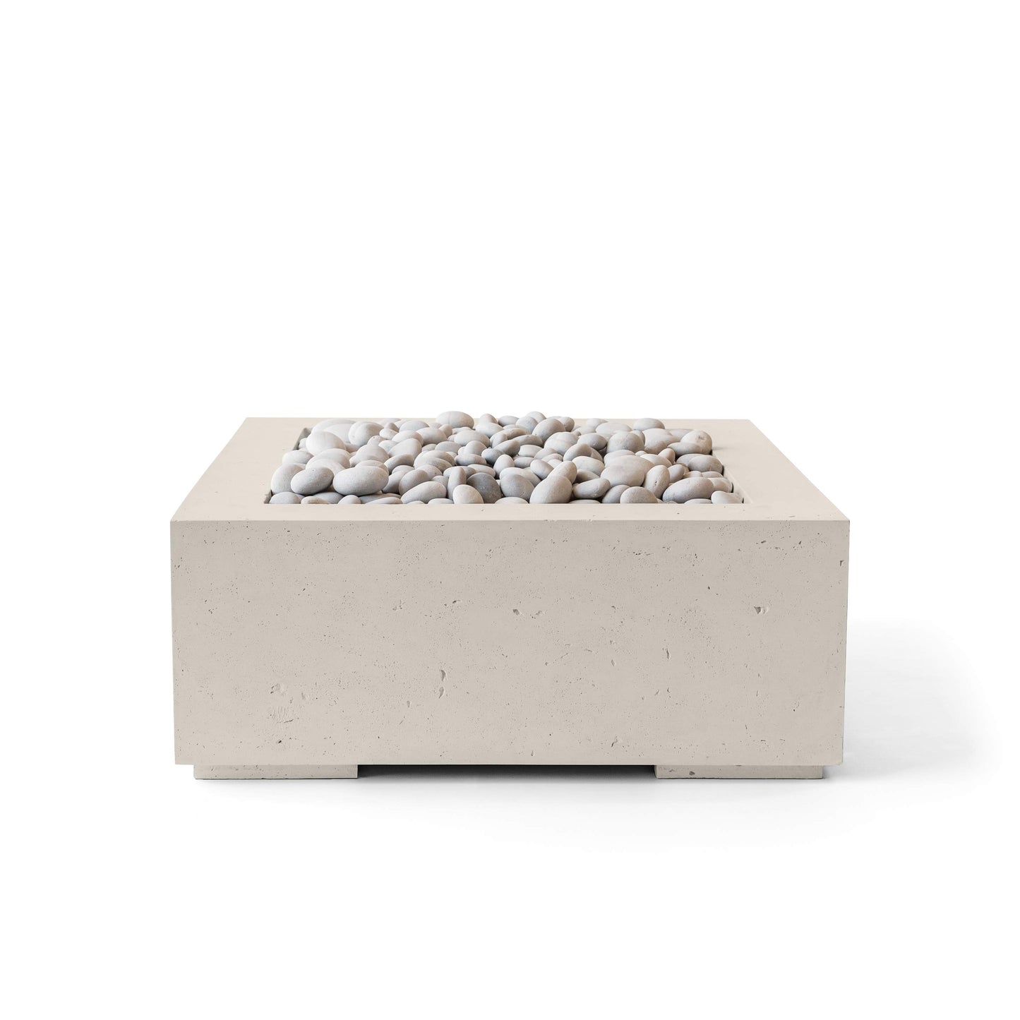 Alea 32 lightweight concrete fire pit in ash finish with ivory beach stone – modern square outdoor luxury centerpiece
