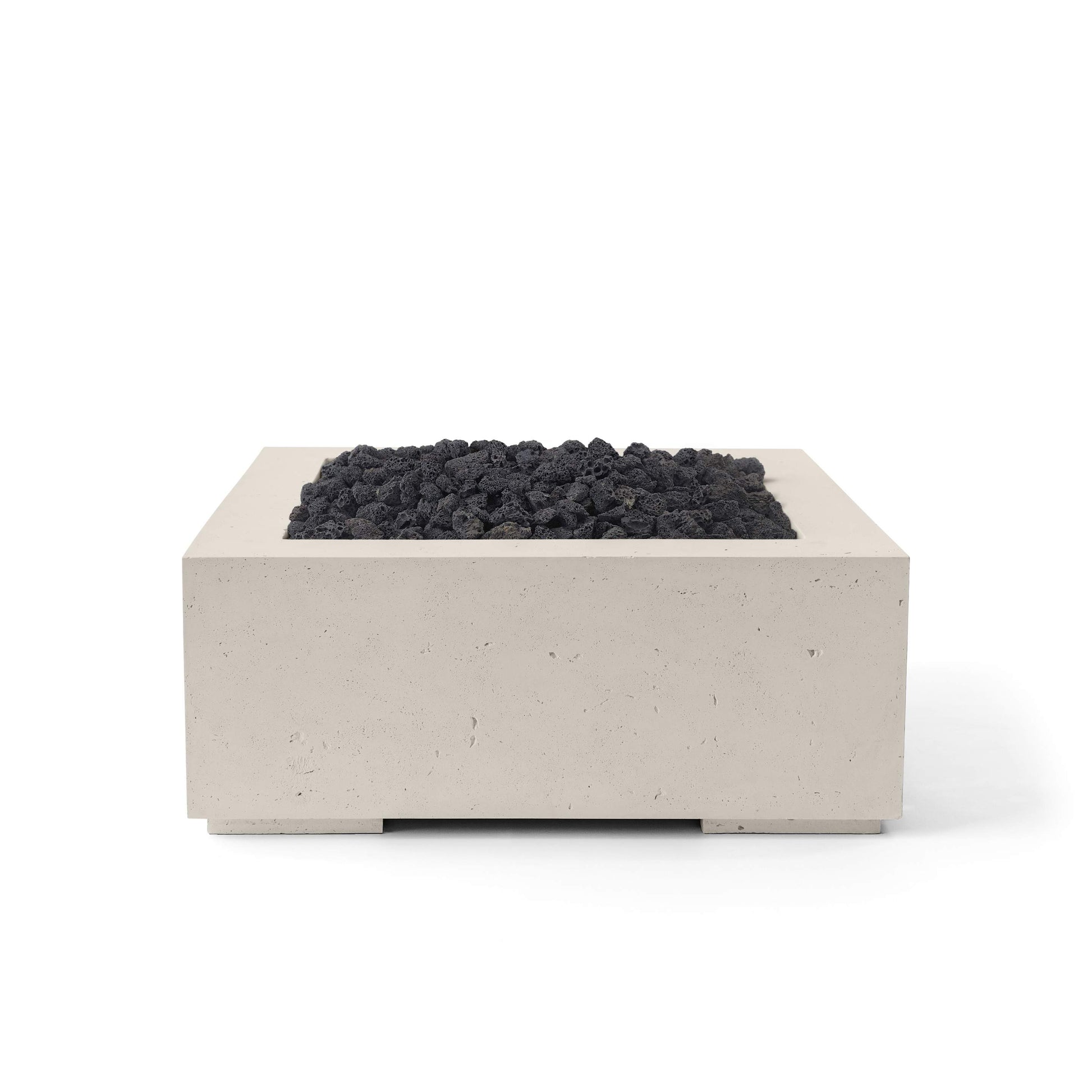 Alea 32 lightweight concrete fire pit in ash finish with blavk lava stone– modern square outdoor luxury centerpiece