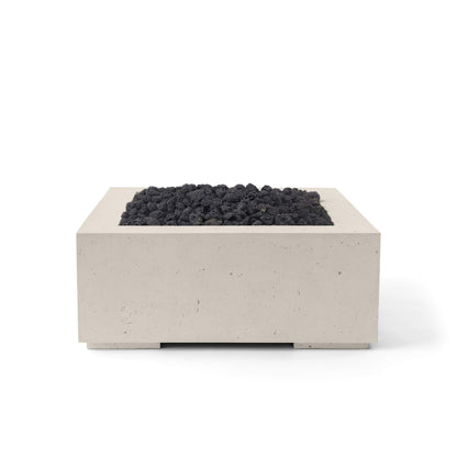 Alea 32 lightweight concrete fire pit in ash finish with blavk lava stone– modern square outdoor luxury centerpiece