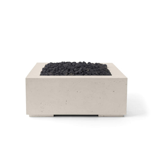 Alea 32 lightweight concrete fire pit in ash finish with blavk lava stone– modern square outdoor luxury centerpiece