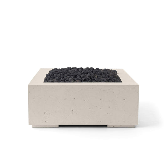 Alea 32 lightweight concrete fire pit in ash finish with blavk lava stone– modern square outdoor luxury centerpiece