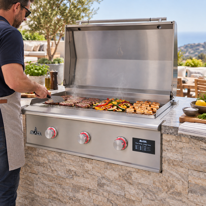 Blaze LTE PRO 40-Inch Gas Griddle installed in luxury outdoor kitchen with food cooking