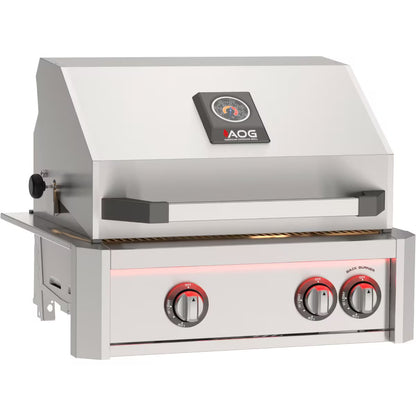 AOG 24" L-Series American Outdoor Grill built-in stainless steel gas grill with three control knobs, back burner, and open hood